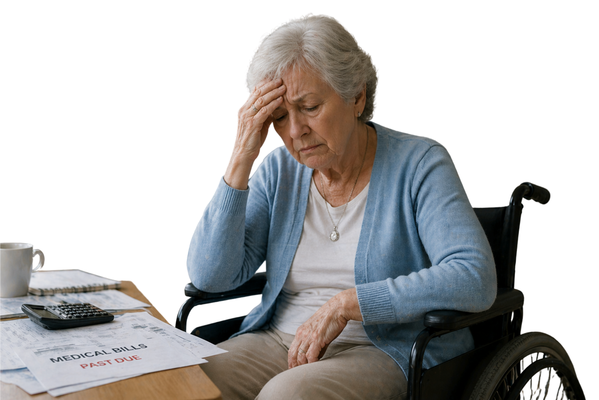 Medicare bills in fornt of an old lady